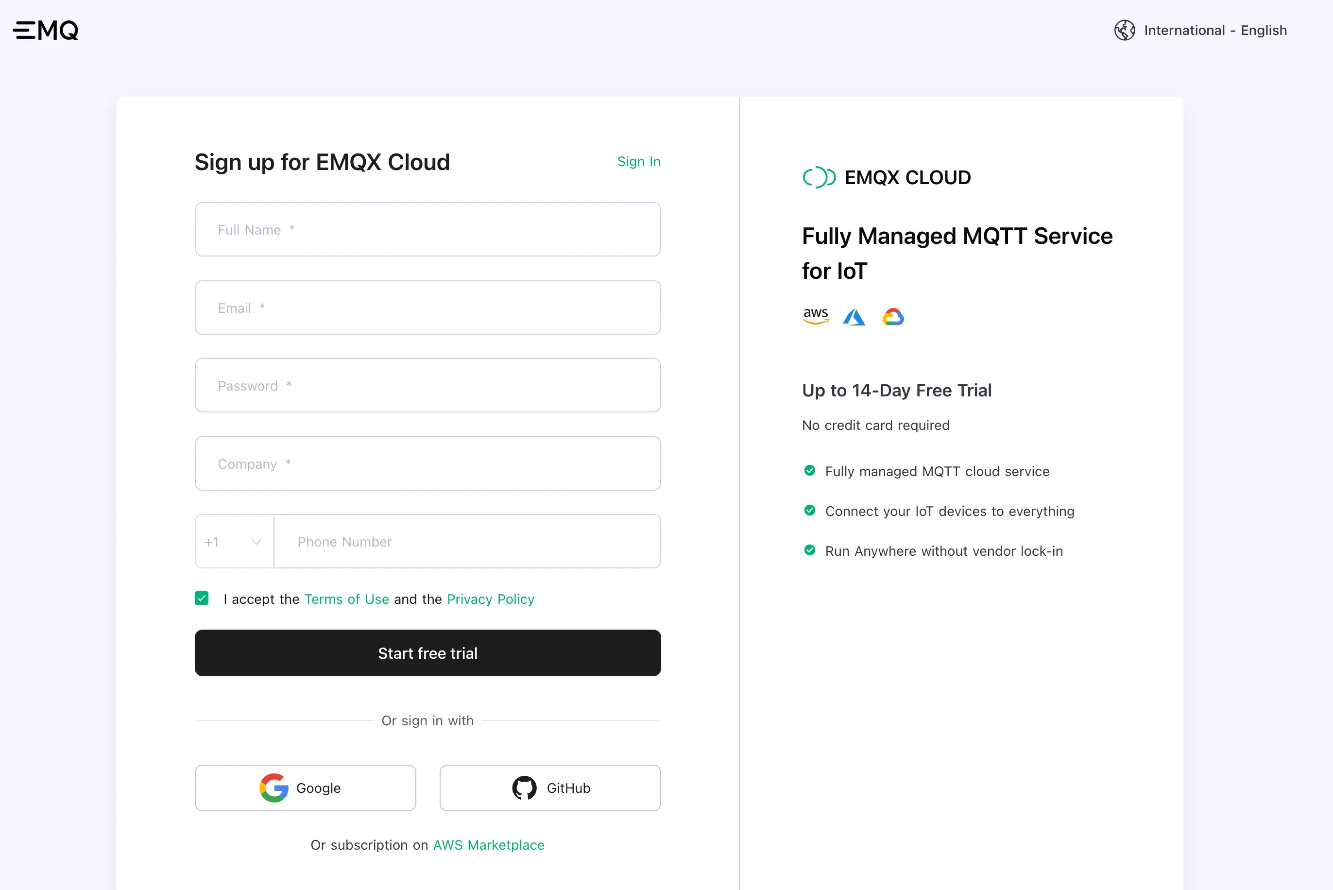 등록 양식이 있는 EMQX Cloud 회원 가입 페이지