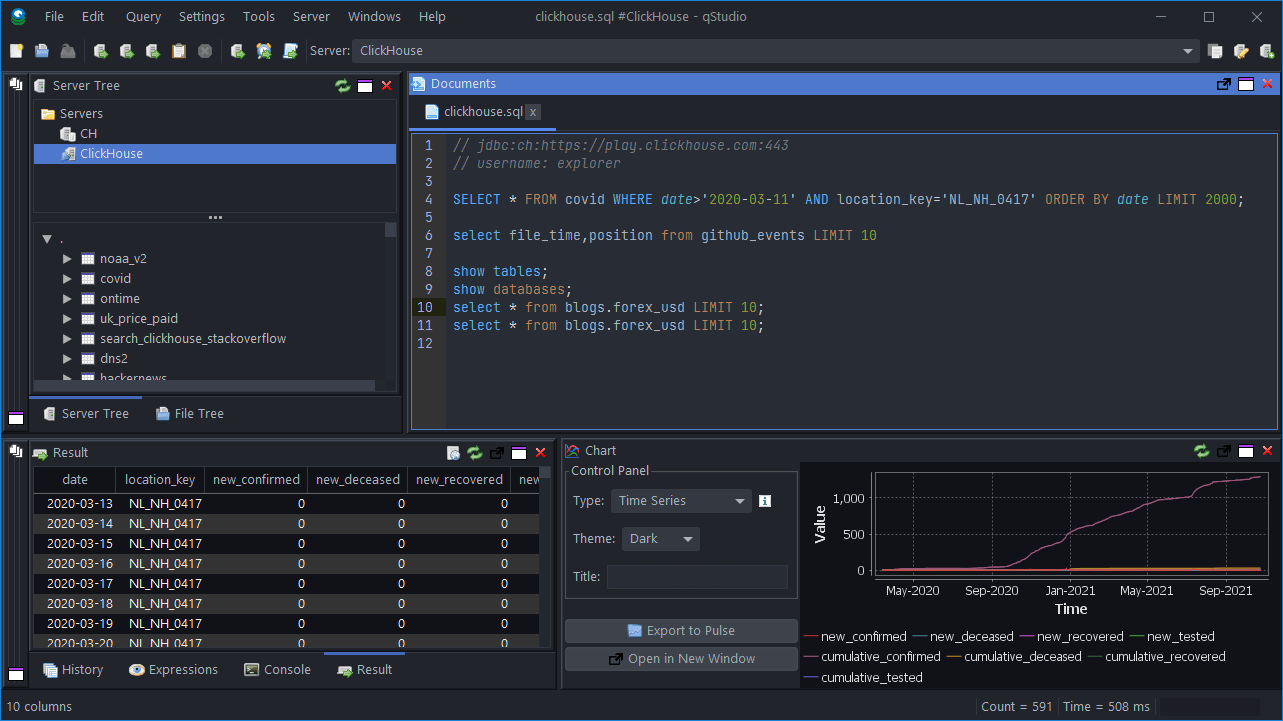 QStudio 인터페이스에서 ClickHouse 데이터베이스에 예제 SQL 쿼리를 실행하는 화면