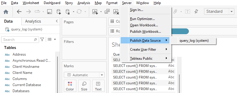 Server 메뉴가 표시되고 Publish Data Source 옵션이 강조된 Tableau Desktop 화면